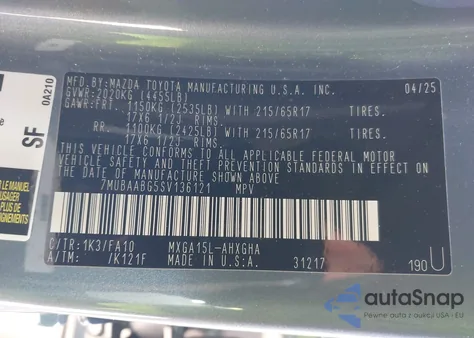 2025 Toyota Corolla Cross Le z USA, uszkodzony, nr VIN 7MUBAABG5SV136121